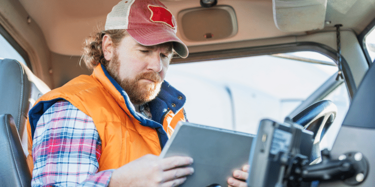 Image of a trucker looking at an electronic device while seated in the truck cab