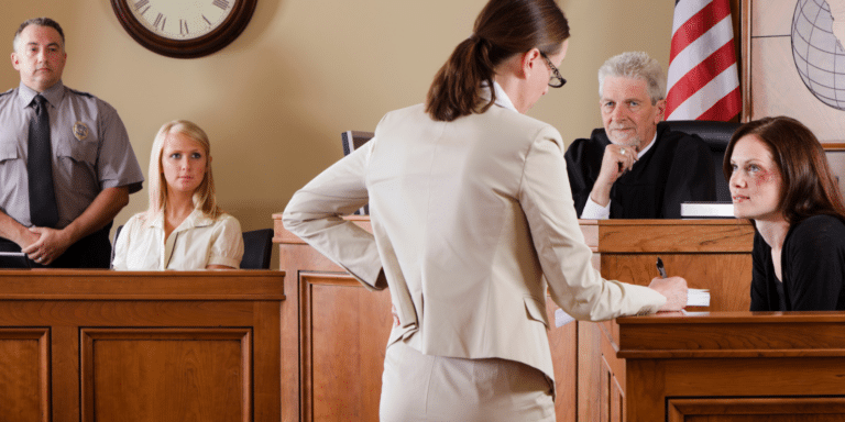 Image of a lawyer speaking to a witness in a courtroom