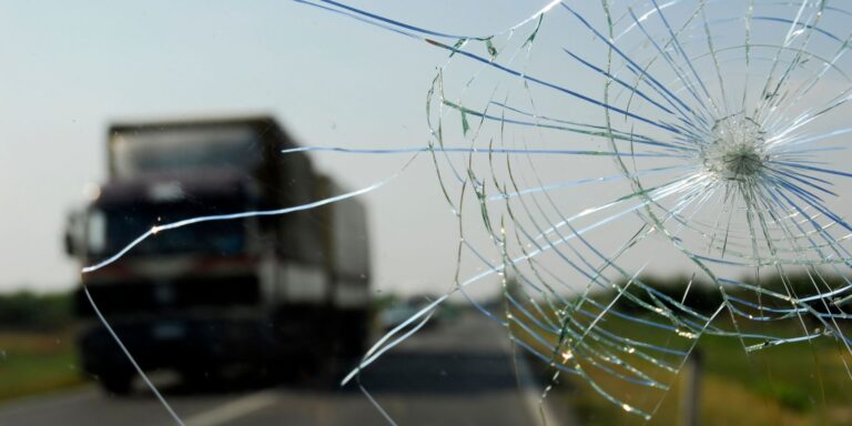 Image of the view through a cracked windshield